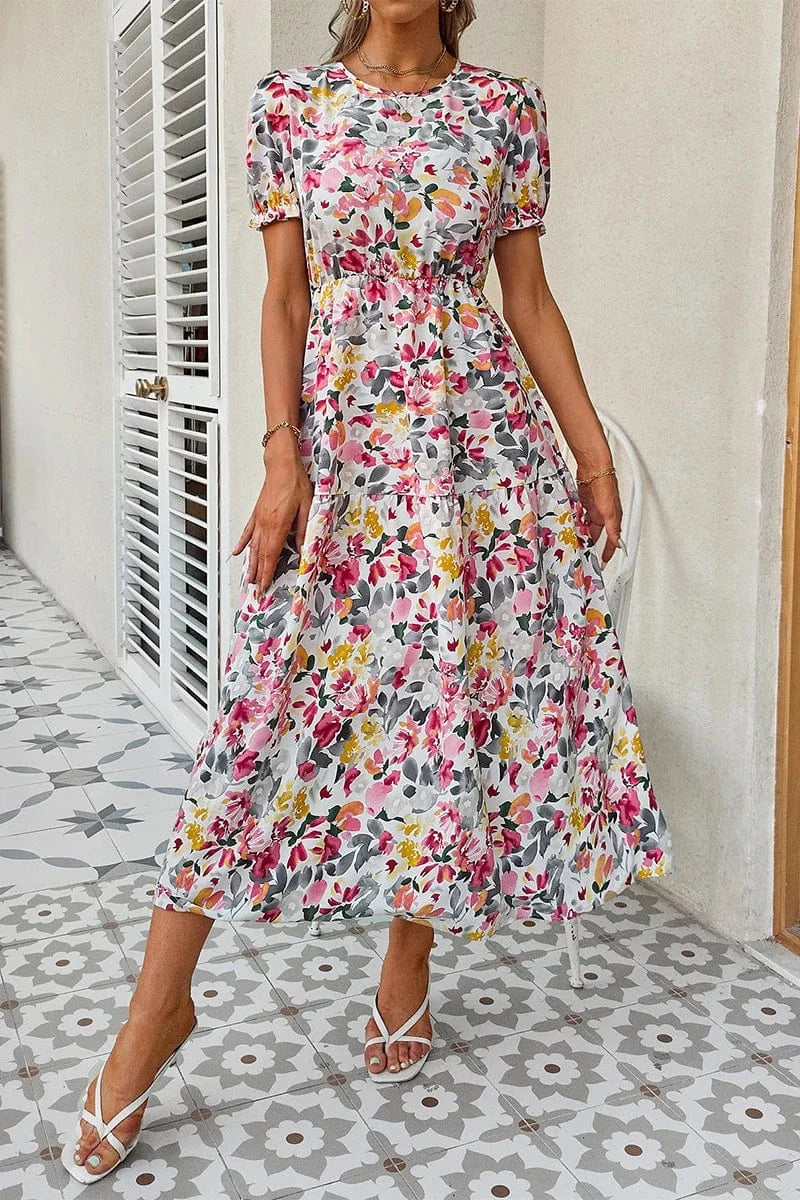 Robe été midi fleurie fluide, style bohème chic, manches courtes, idéale invité mariage ou cocktail