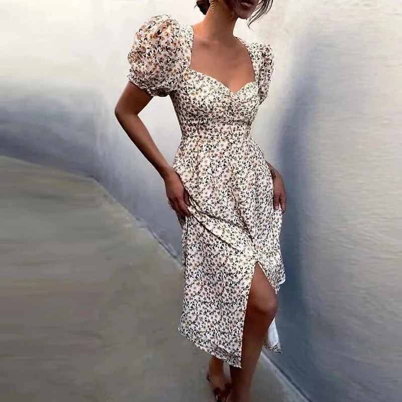 Robe fleurie été bohème manche courte midi évasée décolleté fendue idéale pour invitée mariage champêtre