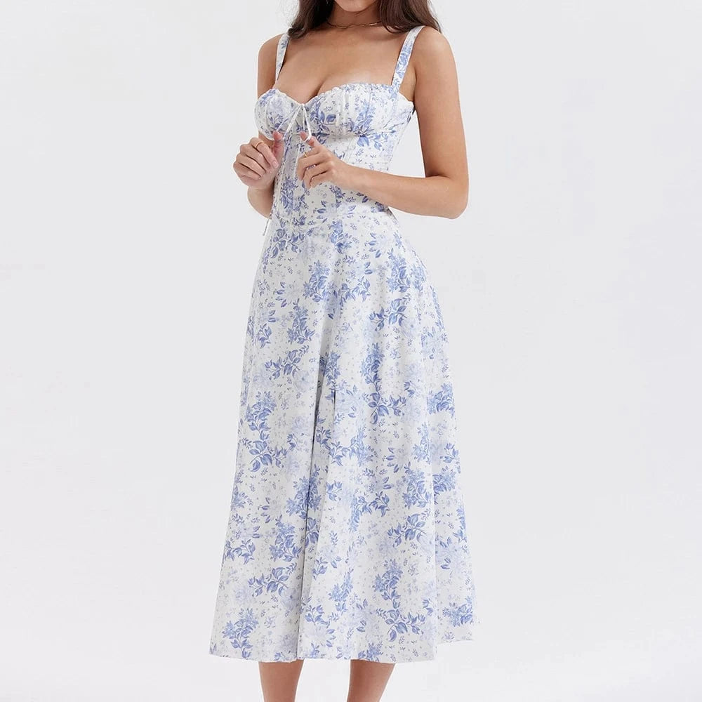 Robe été fleurie longue blanche et bleue style champêtre sans manches décolleté midi parfaite mariage invité