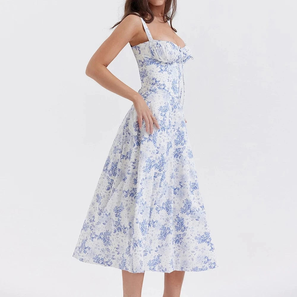 Robe été bohème fleurie bleu blanche longue trapèze sans manches féminine idéale pour mariage en plein air
