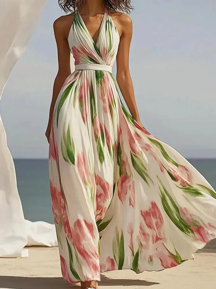 Robe fluide fleurie longue sans manches
