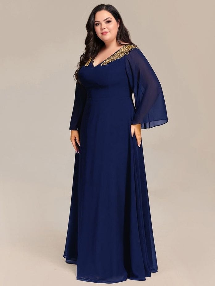 Robe de soirée mariage grande taille longue bleu manches longues chic décolleté élégant pour femme invitée