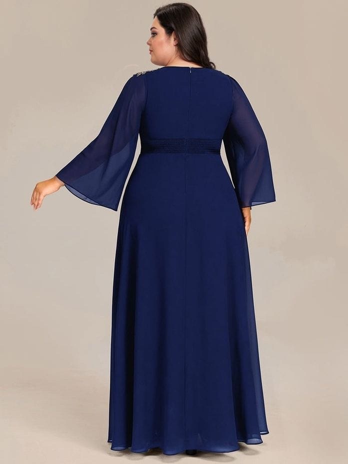 Robe de soirée grande taille longue bleu manches longues fluide chic pour femme élégante événement spécial
