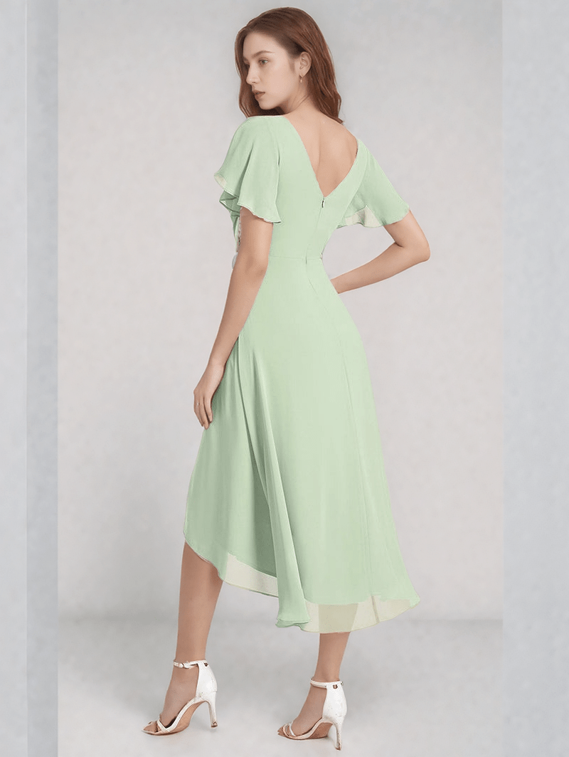 Robe de soirée mariage midi verte fluide manches courtes décolleté dos nu élégante pour femme invitée