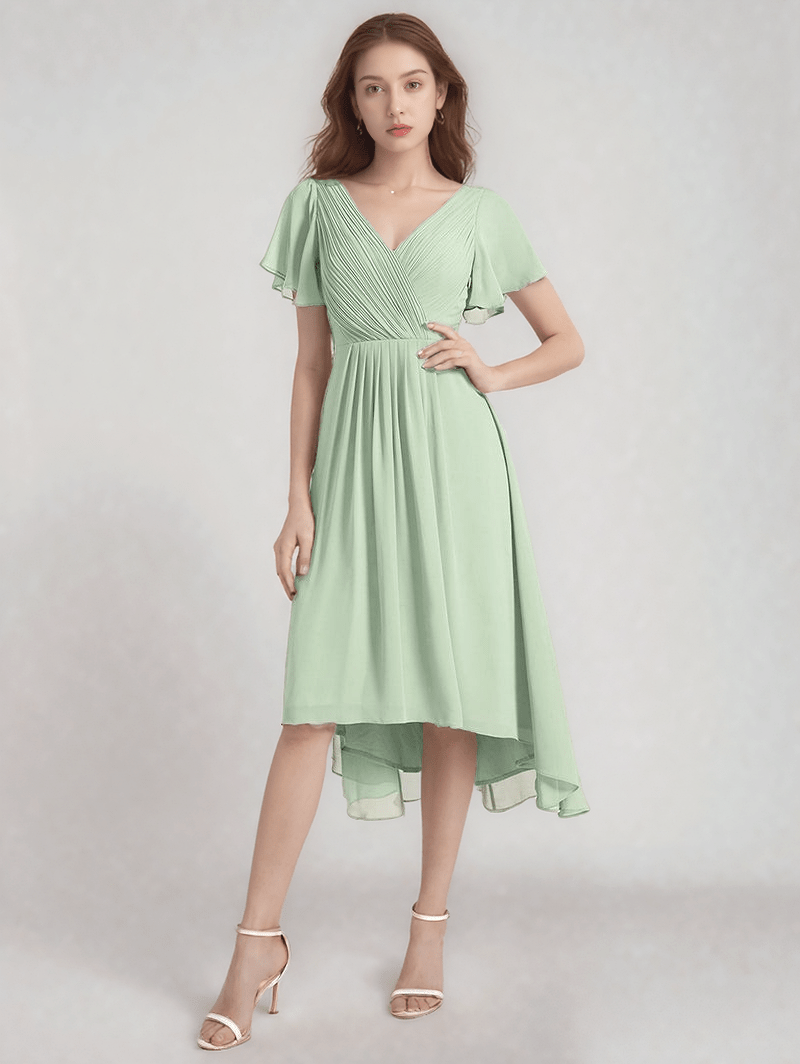 Robe cocktail bohème verte midi trapèze manches courtes élégante pour mariage invité été femme