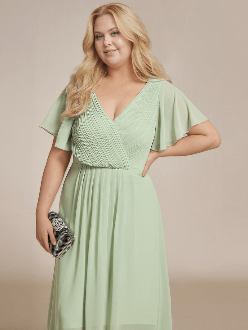 Robe de soirée grande taille fluide manche courte verte longue élégante accessoire pochette chic femme