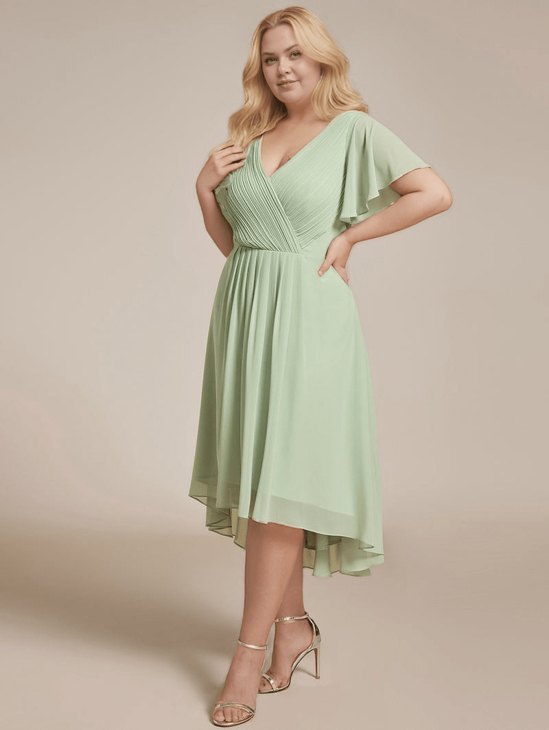Robe cocktail grande taille fluide verte manches courtes décolleté midi élégante pour mariage invité