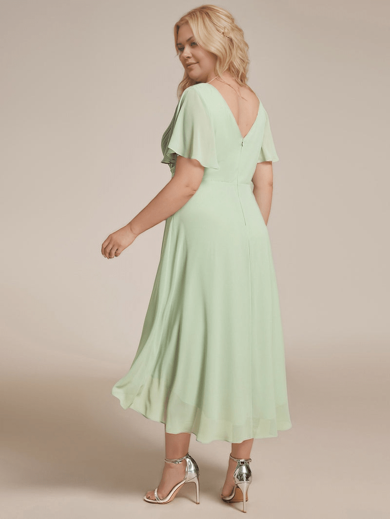 Robe de soirée mariage grande taille fluide verte manches courtes longue décolleté dos nu élégante chic