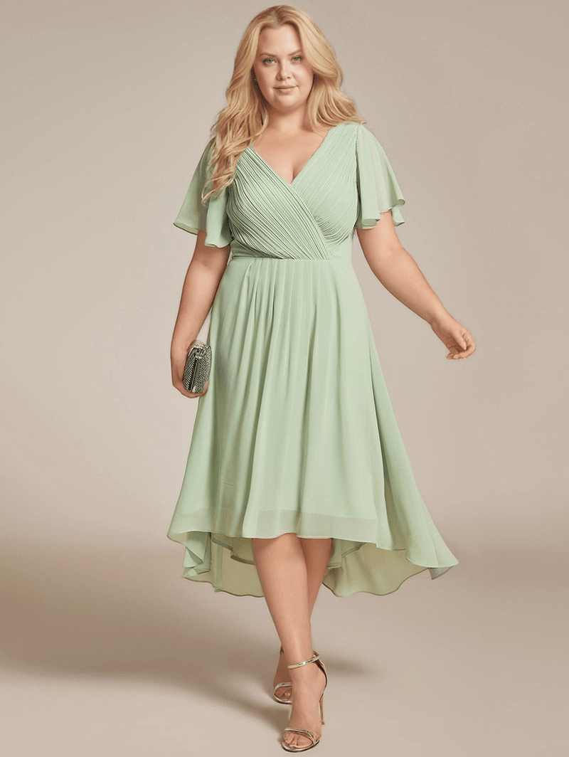 Robe de soirée grande taille fluide verte manches courtes trapèze midi élégante pour mariage invitée