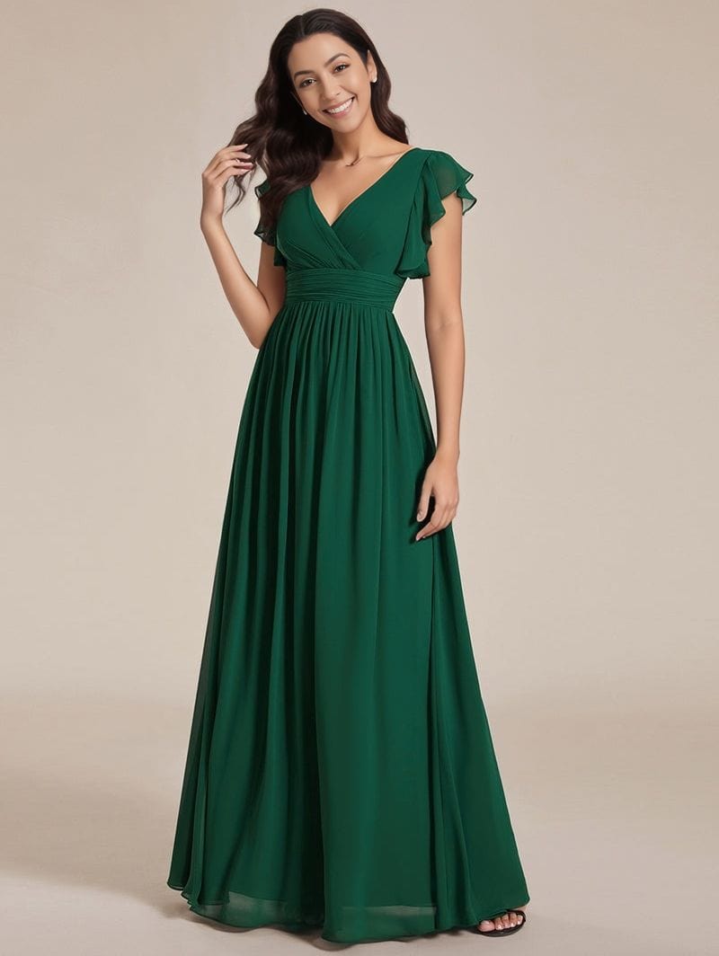 Robe longue verte soirée chic fluide femme manches courtes décolleté v idéale mariage invité élégante