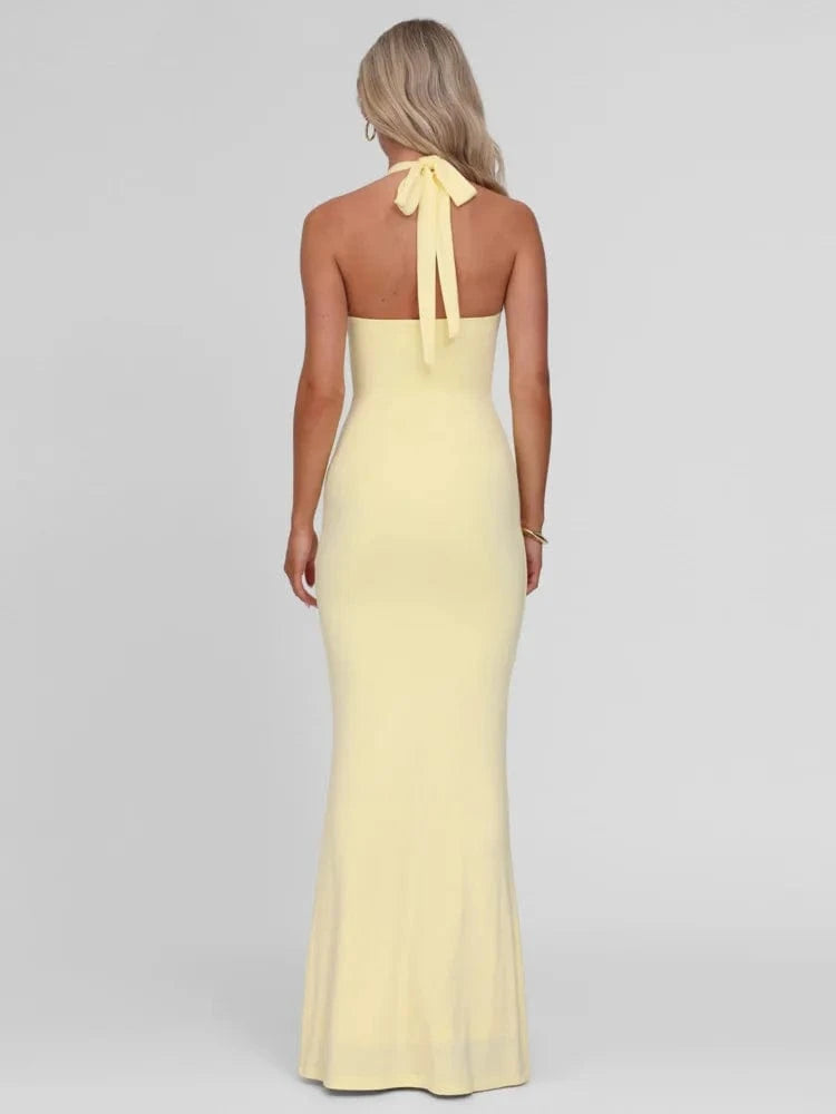 Robe longue dos nu jaune pastel soirée chic moulante sans manches élégante été pour femme invitée