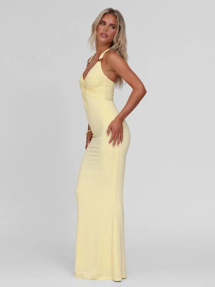 Robe longue moulante jaune décolleté dos nu chic été élégante idéale pour soirée ou mariage invité