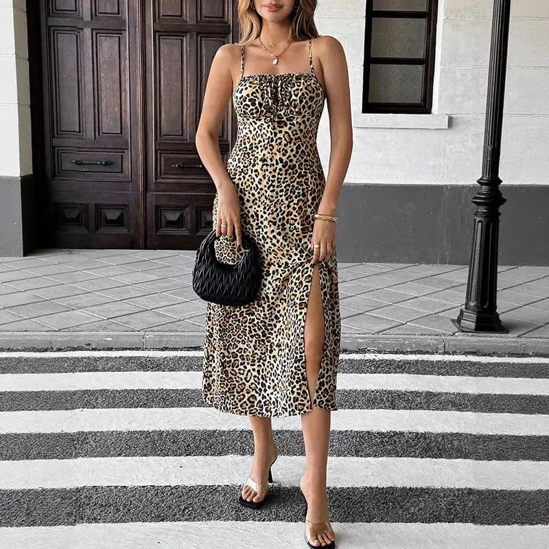 robe soirée sexy moulante fendue léopard midi à bretelles pour look glamour et tendance femme