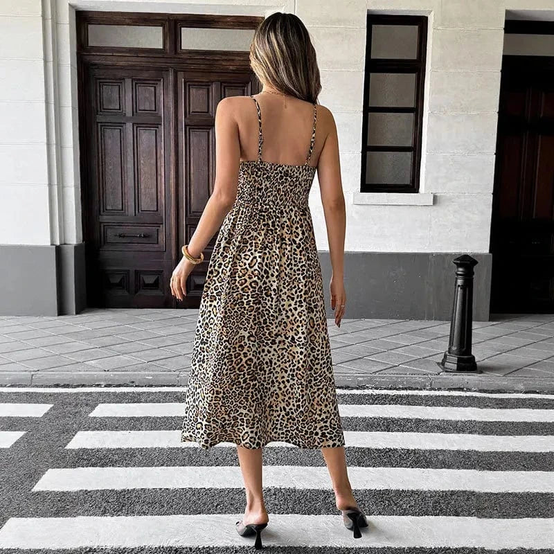 robe léopard midi fendue à bretelles sexy fluide sans manches pour soirée d'été élégante et tendance