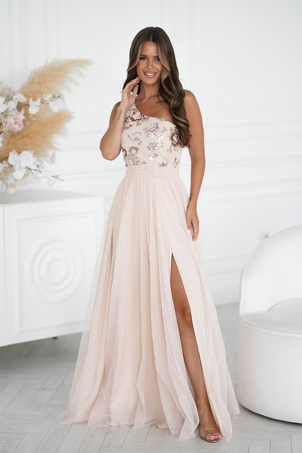 Robe de soirée mariage longue fendue sans manches champagne chic avec sequins pour invitée élégante