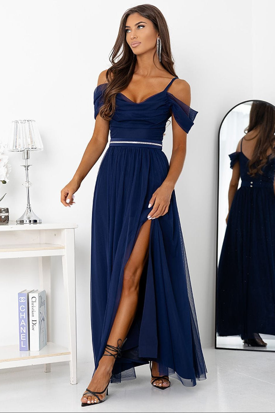 Robe de soirée chic longue bleu fendue bustier épaules dénudées élégante invitée mariage été grande taille