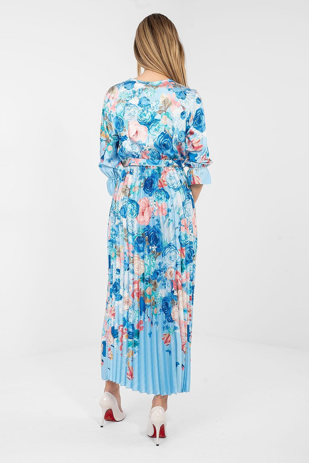 Robe longue fleurie plissée bleue manches longues style bohème élégante pour été ou invité mariage