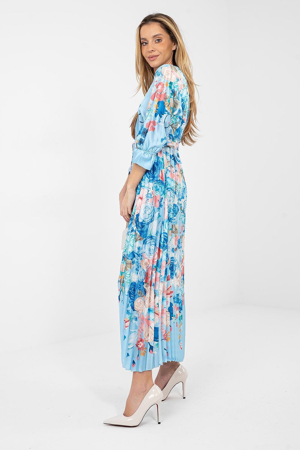 Robe été bohème fleurie longue bleu à manches longues plissée pour femme, parfaite pour une occasion chic