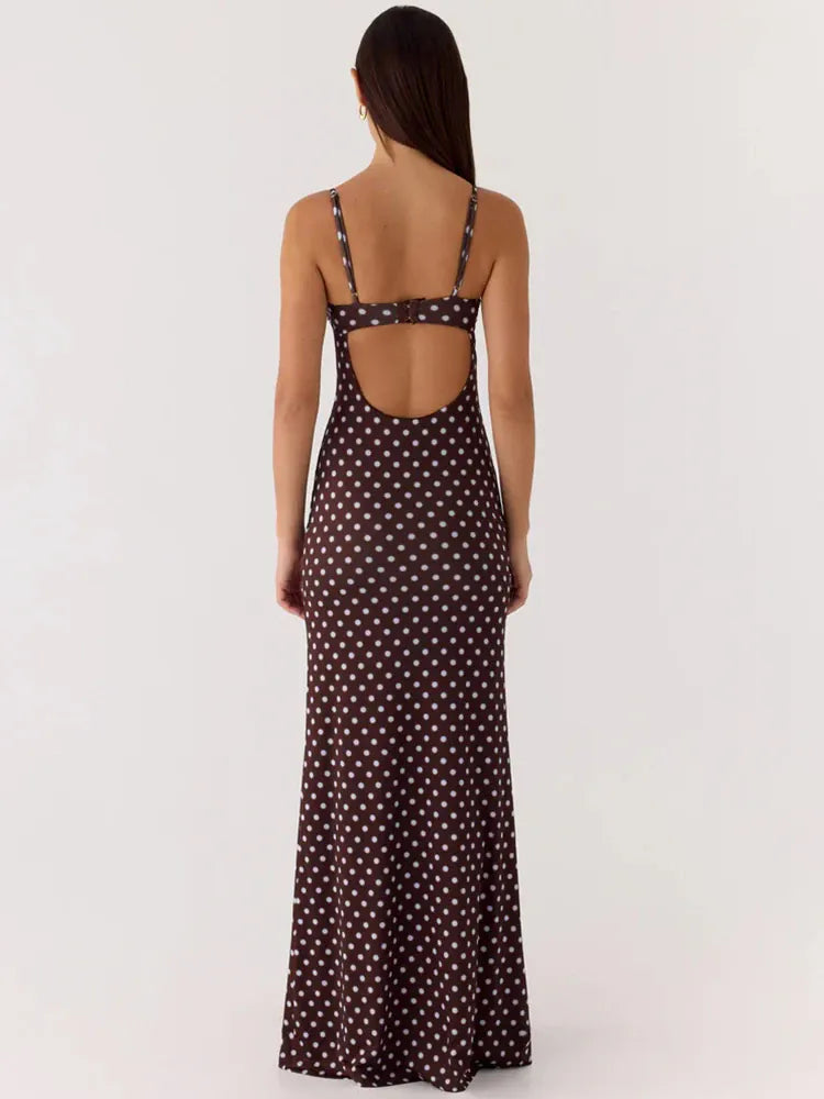 Robe longue marron à pois dos nu à bretelles fines