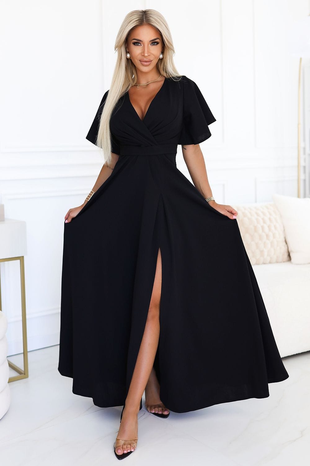 Robe de soirée chic longue noire fendue élégante pour mariage invité ou événement habillé femme