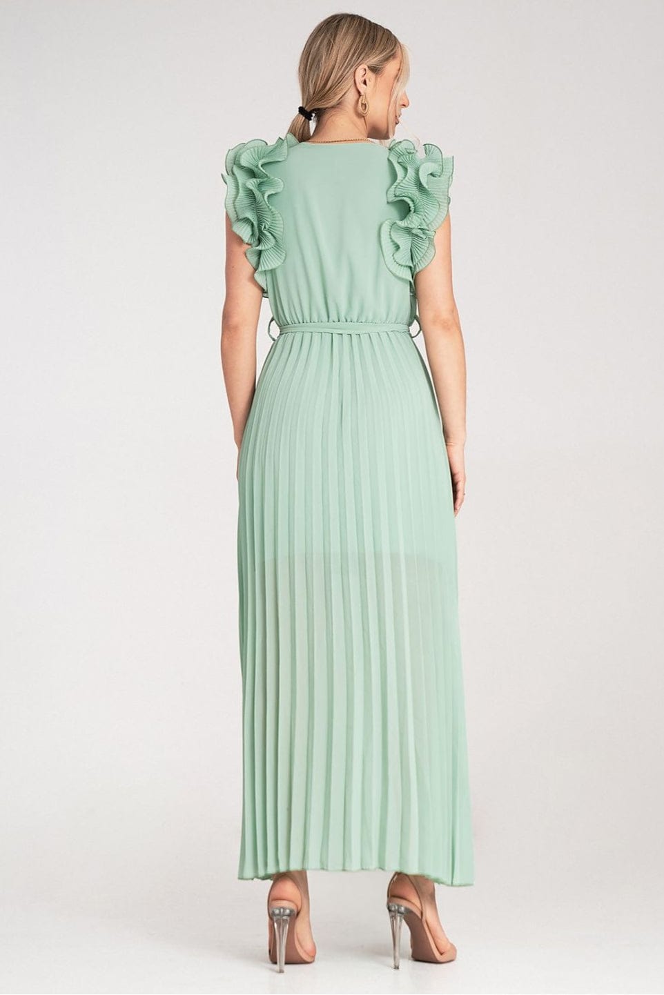 Robe longue plissée verte soirée chic manches courtes volants élégante pour mariage invité été