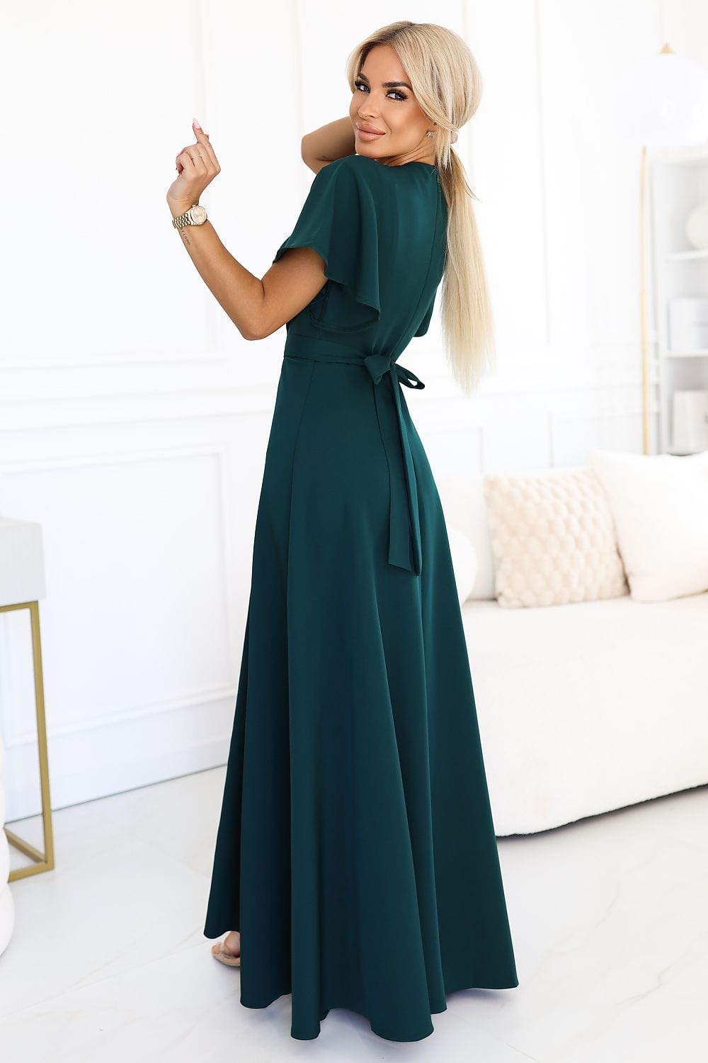 Robe de soirée longue verte élégante trapèze manches courtes fluide pour mariage invité chic été