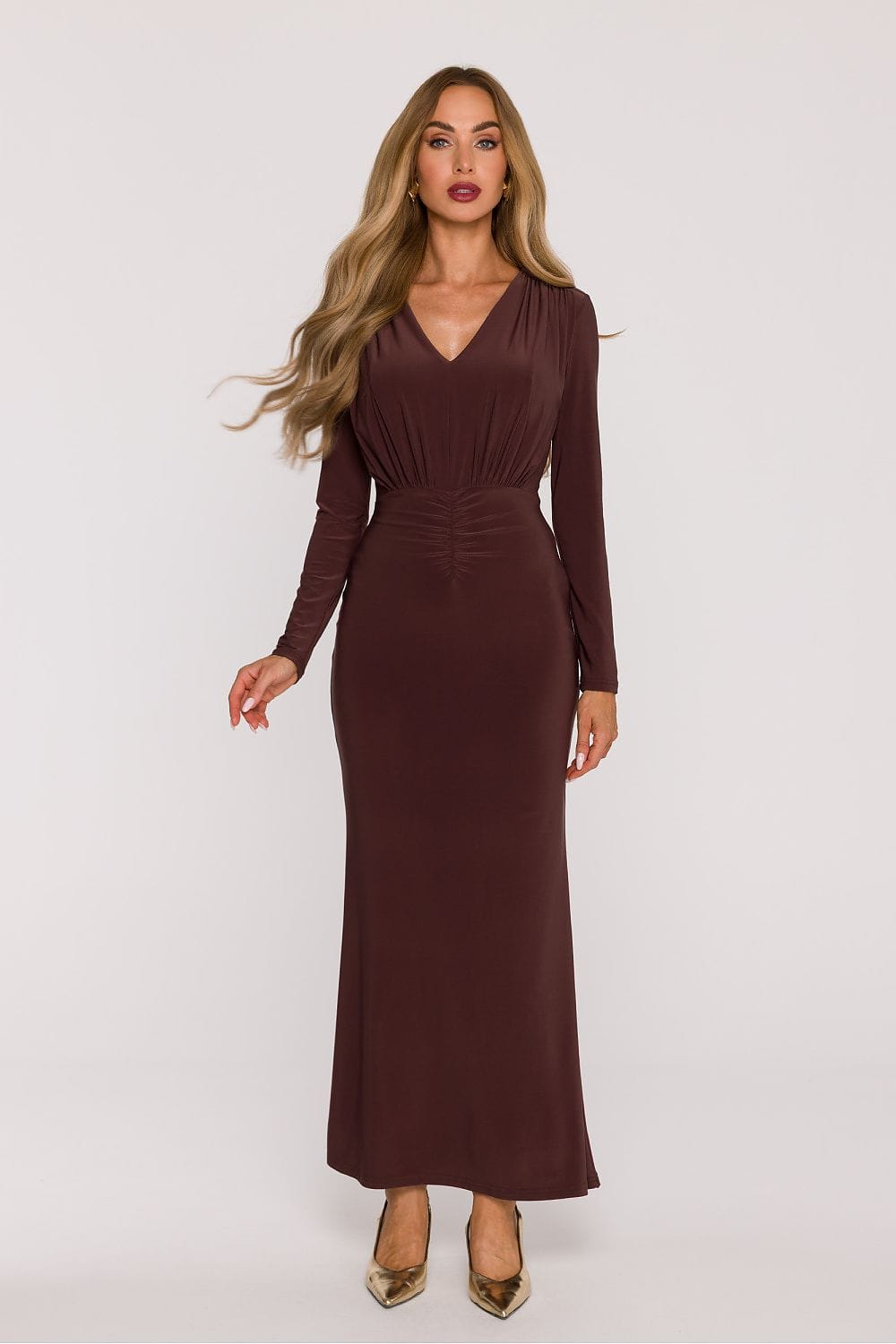 Robe longue soirée chic moulante marron manches longues élégante pour cérémonie invitée automne hiver
