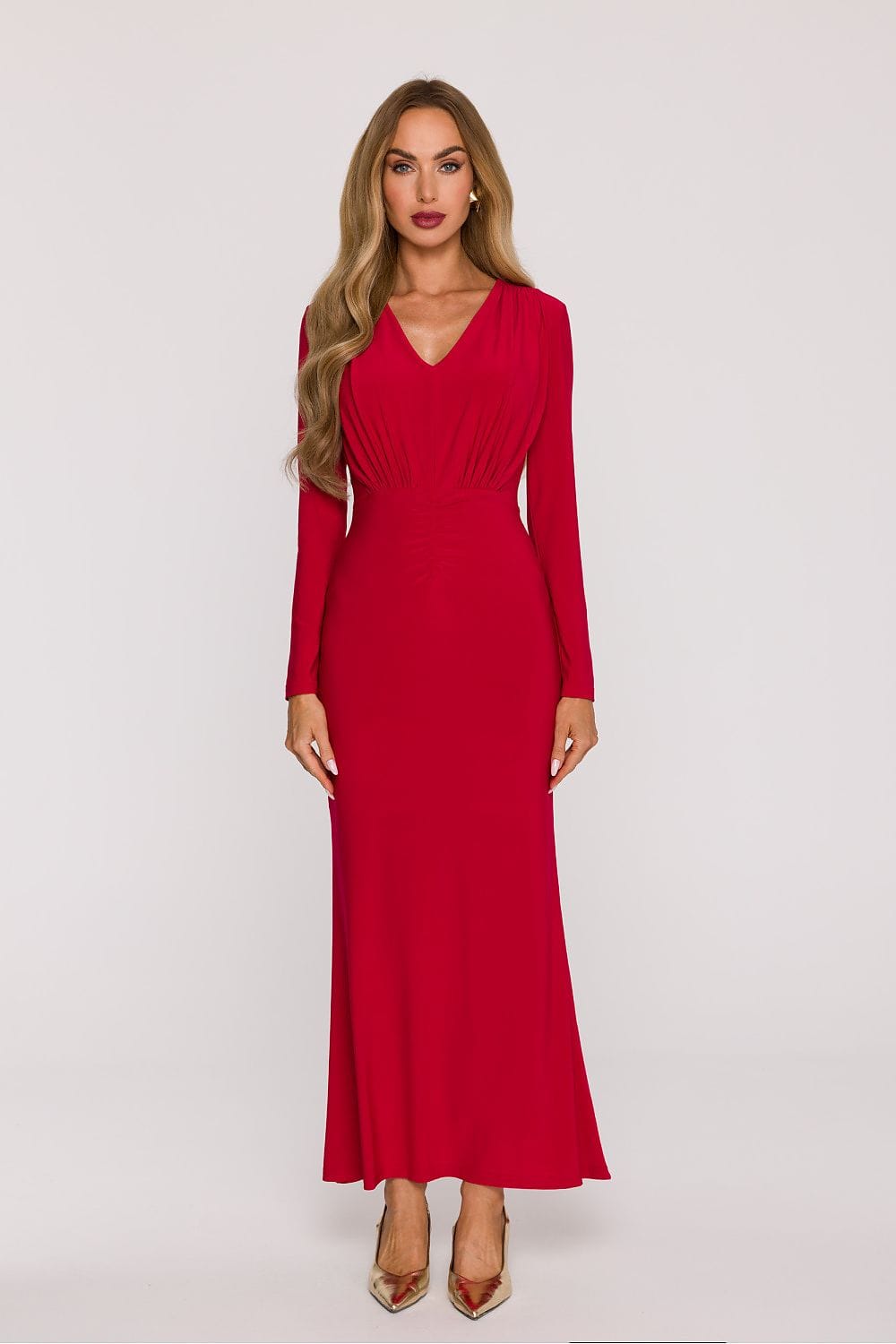 Robe de soirée chic rouge longue manches longues élégante pour mariage invité ou événement habillé femme
