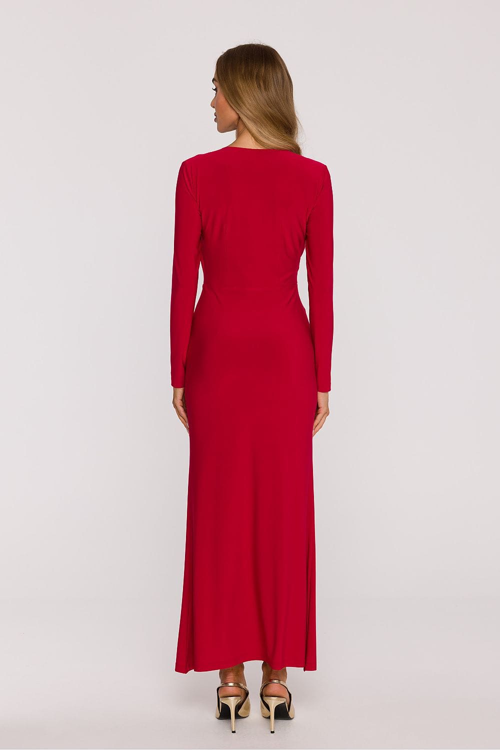 Robe de soirée chic rouge longue moulante manches longues élégante pour femme, idéale évènement ou mariage