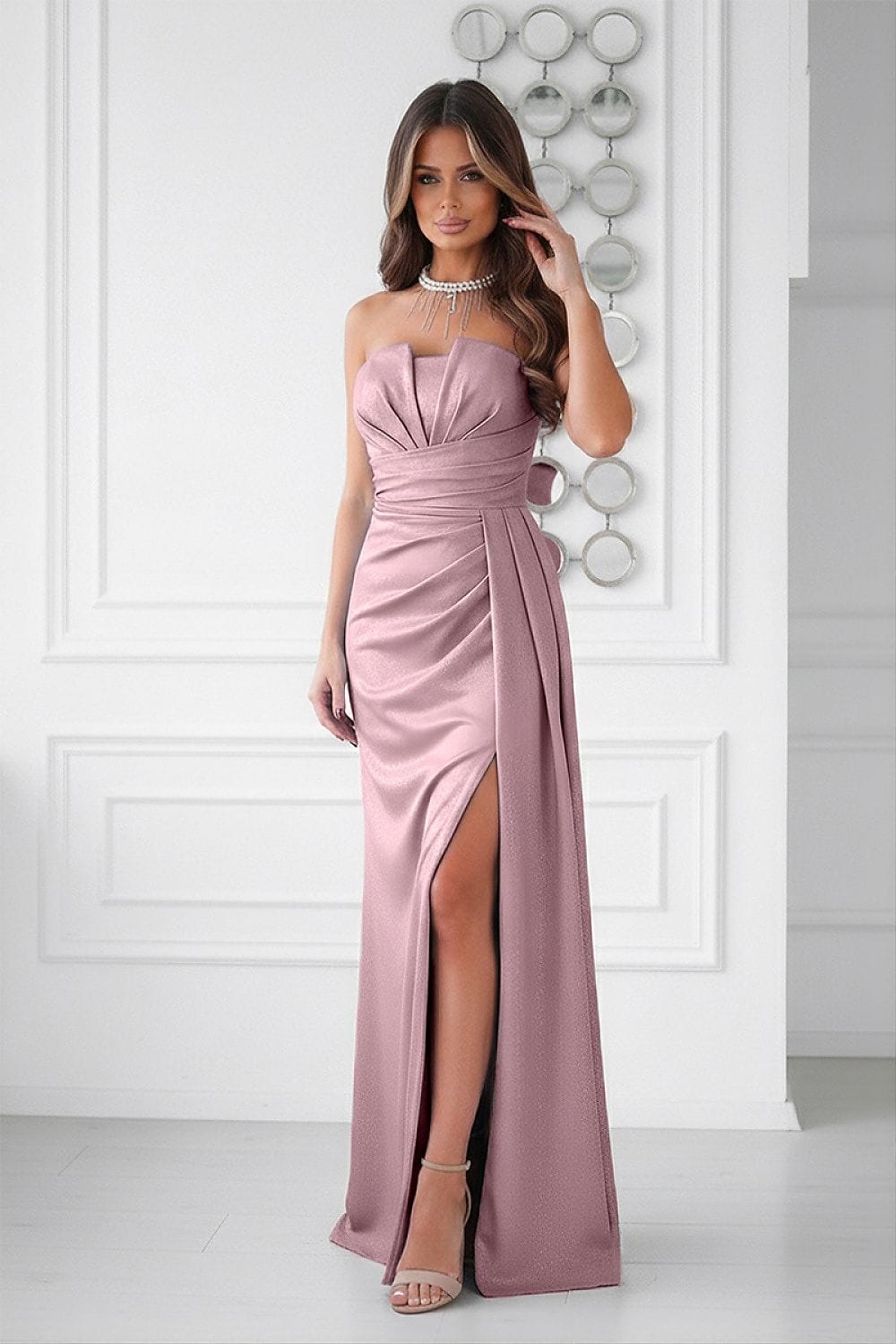 Robe longue rose poudré soirée chic bustier fendue fluide femme élégante pour mariage invité