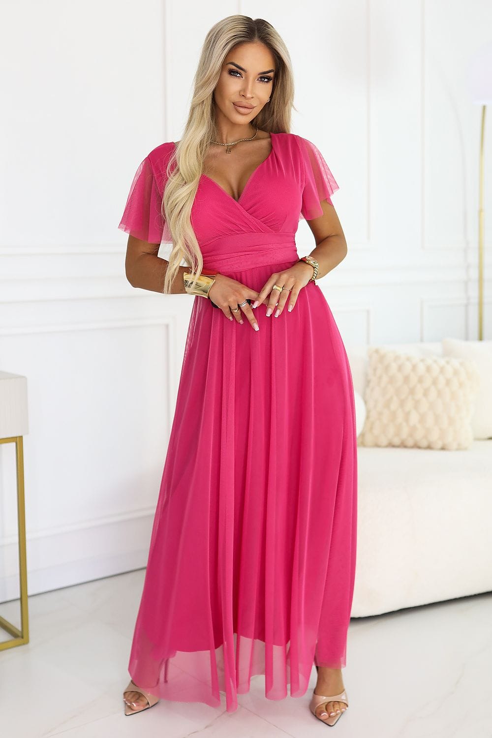 Robe longue soirée chic rose manches courtes fluide décolleté idéale pour mariage invitée élégante