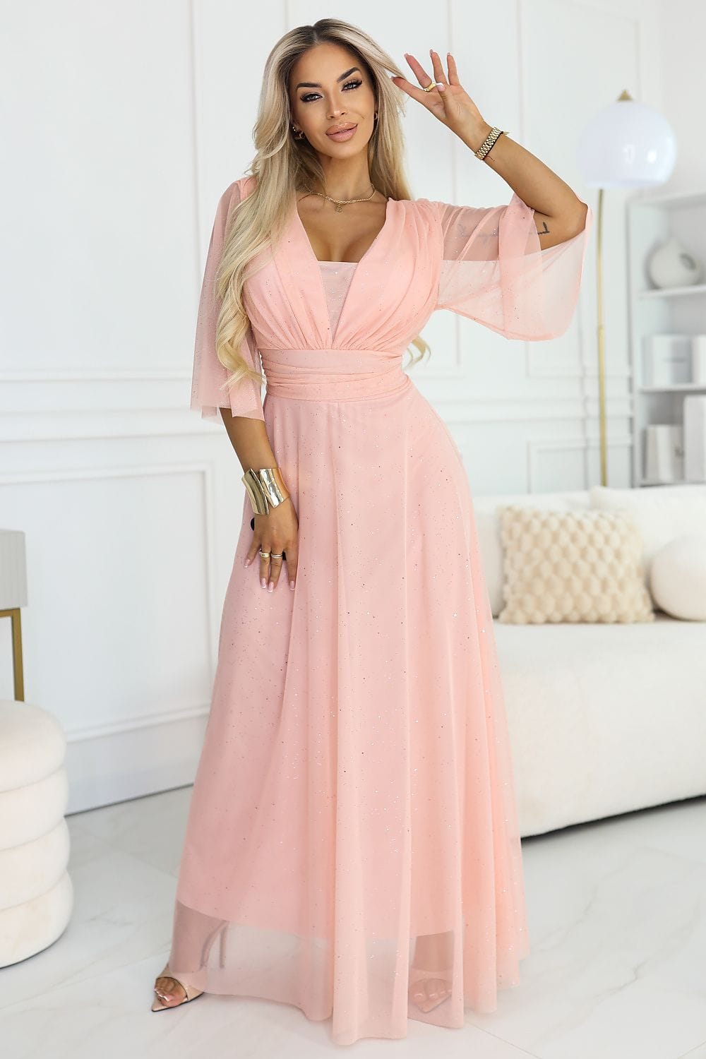 Robe de soirée longue rose poudré bohème chic manches longues évasée mousseline élégante invitée mariage