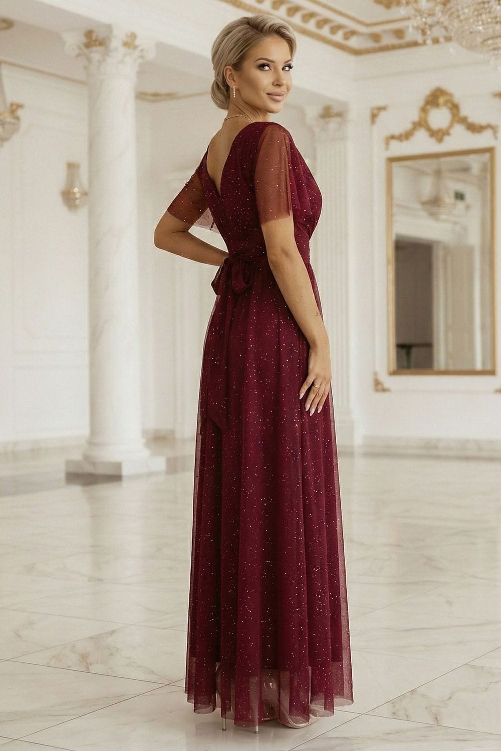 Robe de soirée mariage longue bordeaux manches courtes chic élégante pour invitée événement habillée