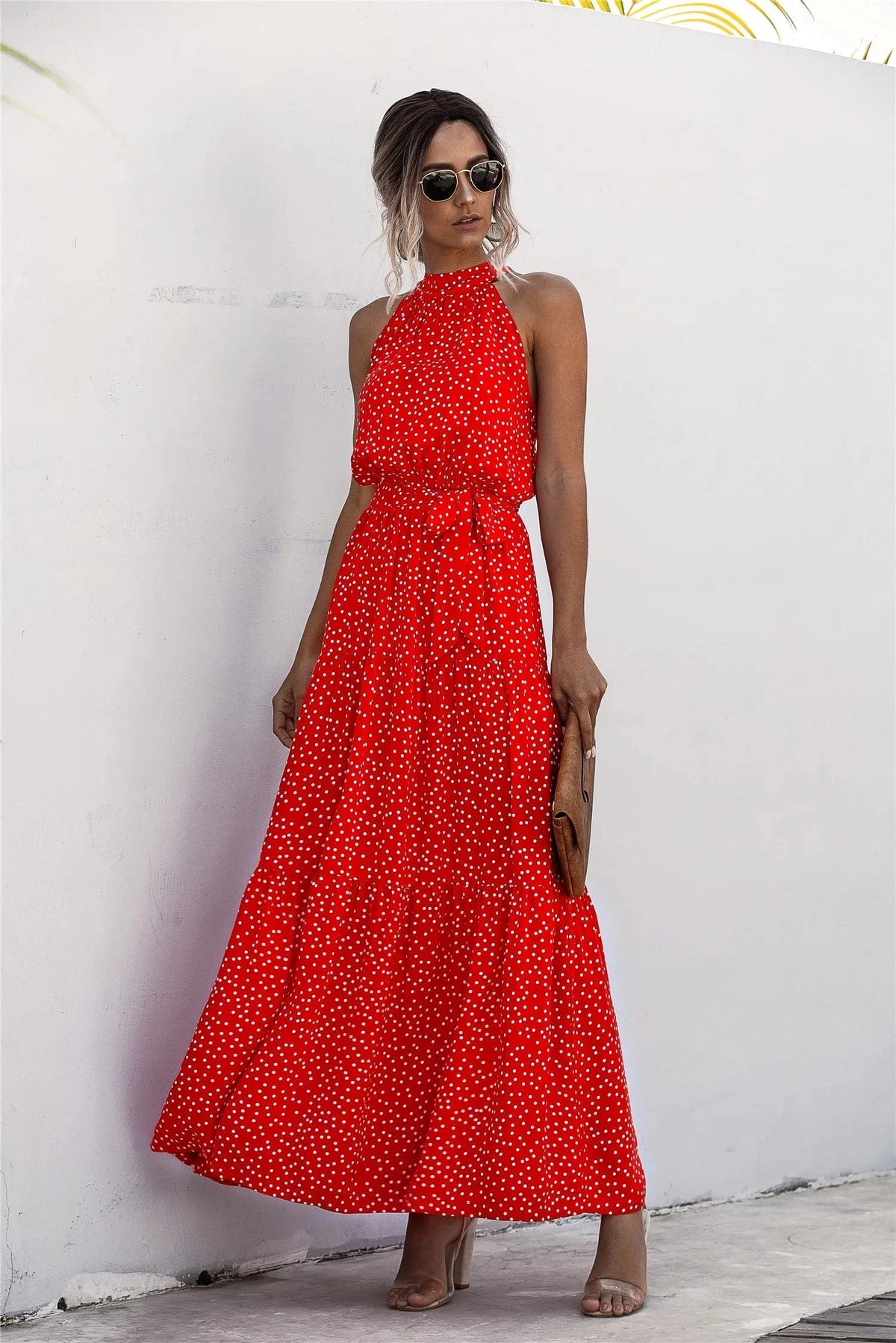 Robe été bohème longue rouge à pois blancs sans manches fluide femme avec pochette, style casual élégant