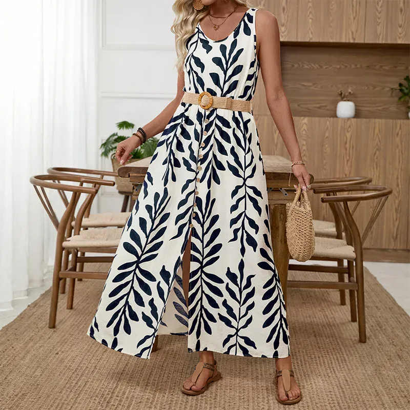 Robe longue sans manches avec ceinture à motif de feuilles