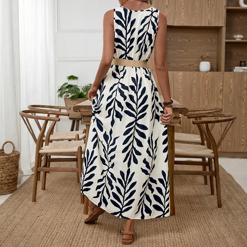 Robe longue sans manches avec ceinture à motif de feuilles