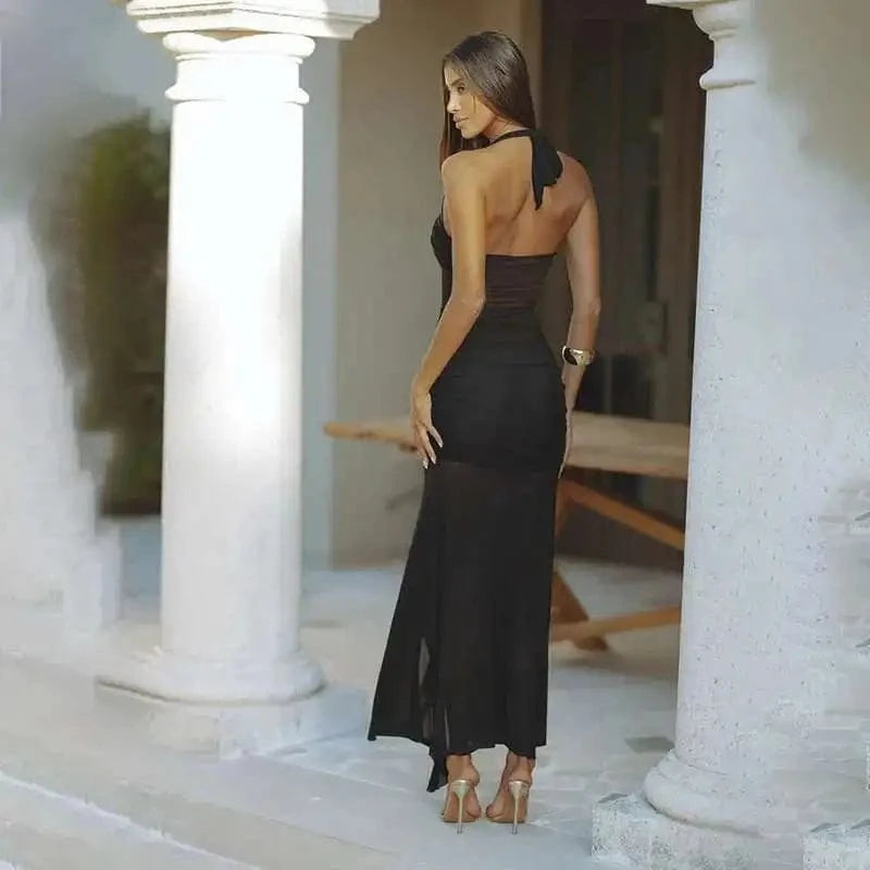 Robe de soirée dos nu noire longue moulante élégante, idéale mariage invité chic ou cocktail été tendance