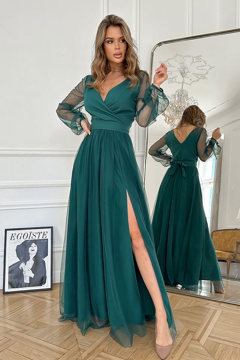 Robe de soirée chic longue verte fluide manches longues transparente fendue élégante pour mariage invité