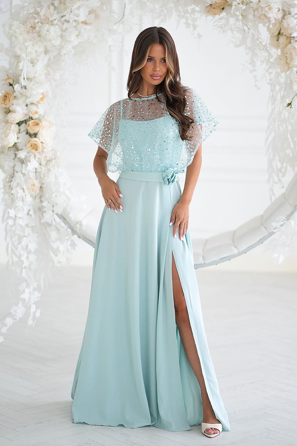 Robe longue gala bleu manches courtes fendue fluide chic parfaite pour mariage invité été élégant