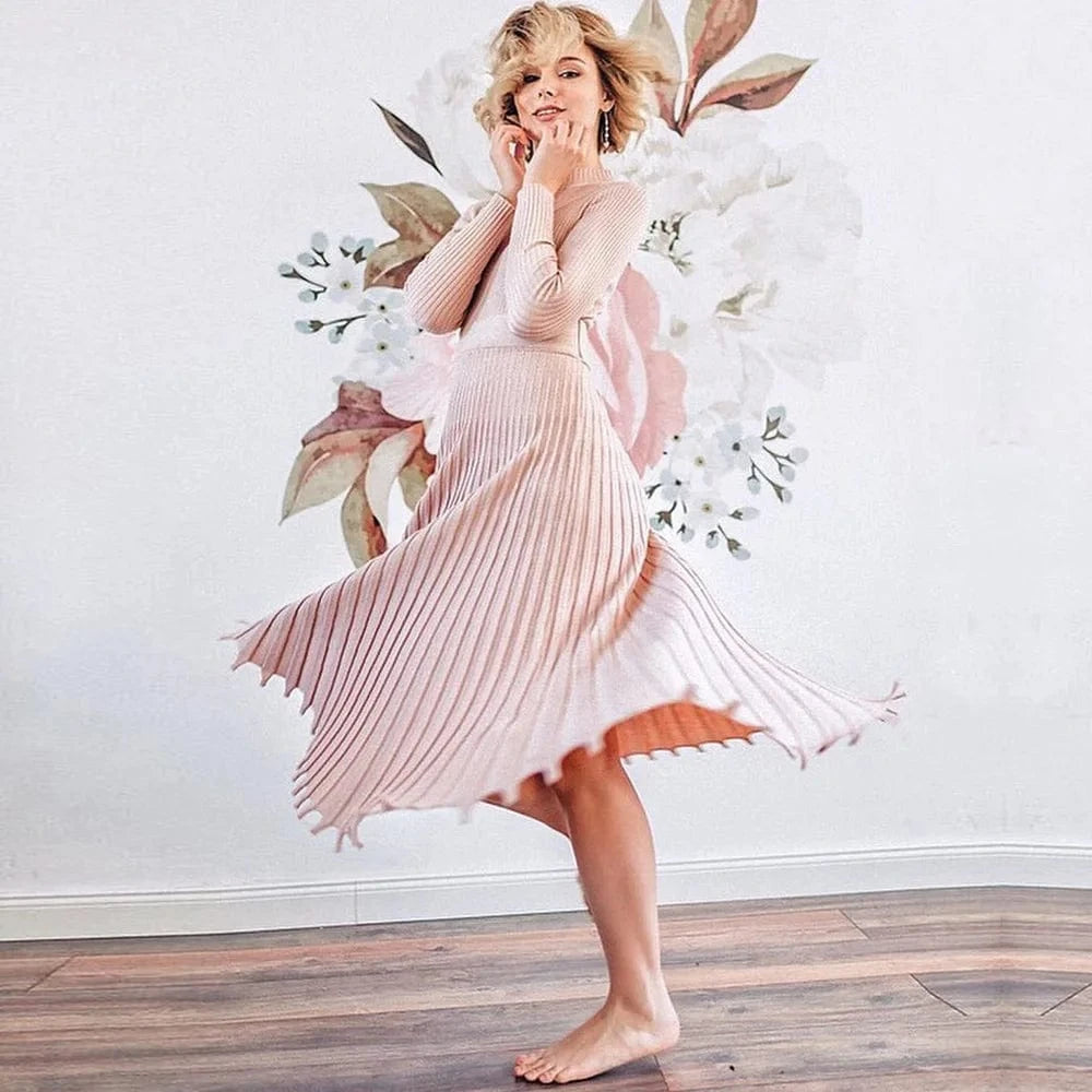 Robe plissée midi manches longues rose style casual fluide femme pour été chic confortable