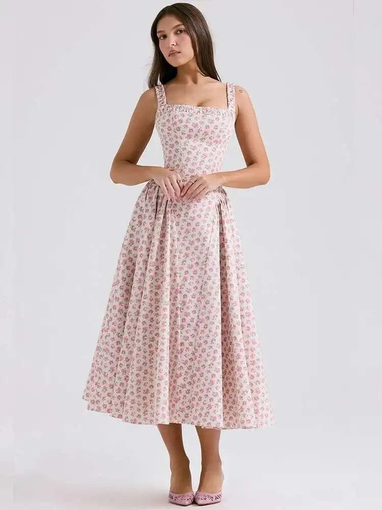 Robe champêtre midi fleurie sans manches rose poudré trapèze chic pour invité mariage été ou baptême