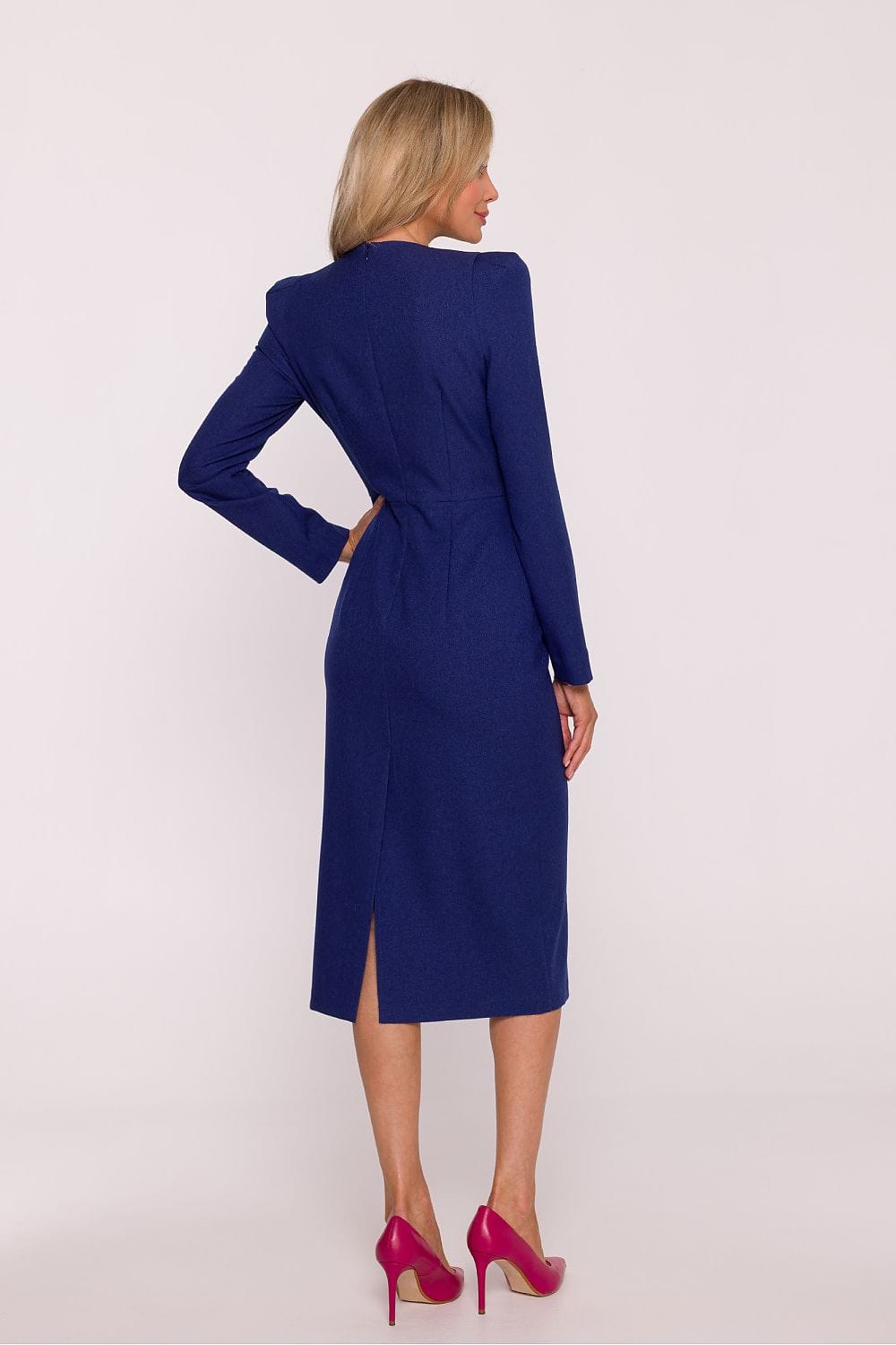 Robe midi manches longues bleue droite chic idéale pour soirée ou cocktail, élégante et féminine