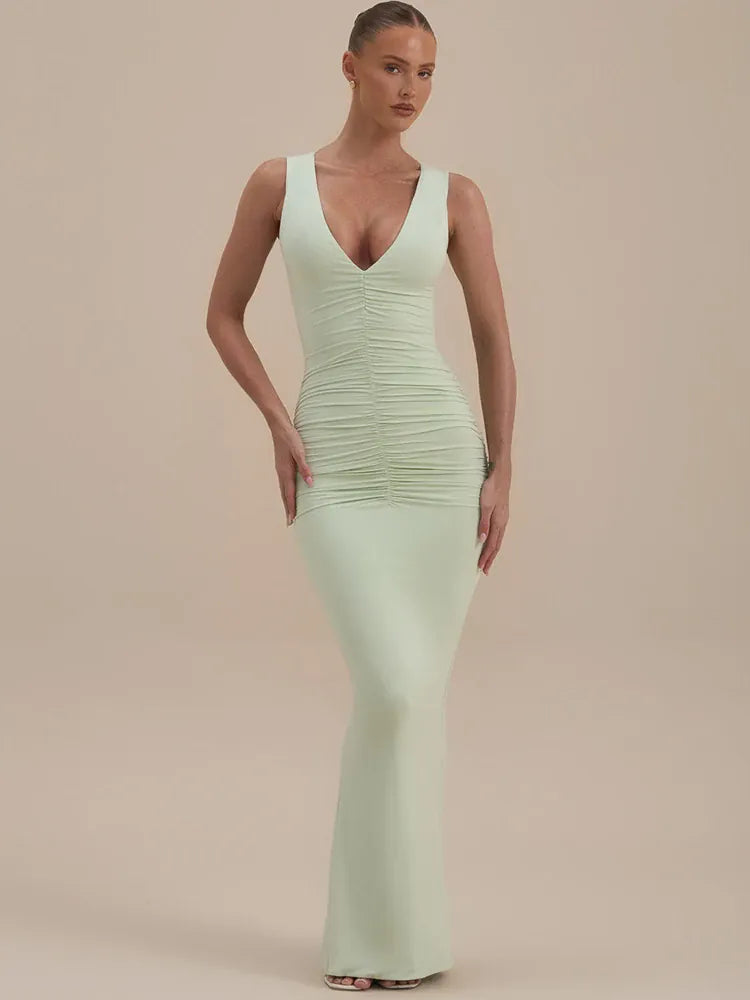 Robe moulante longue sans manches à col en V profond
