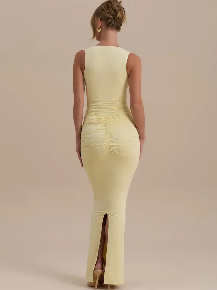 Robe moulante longue sans manches à col en V profond
