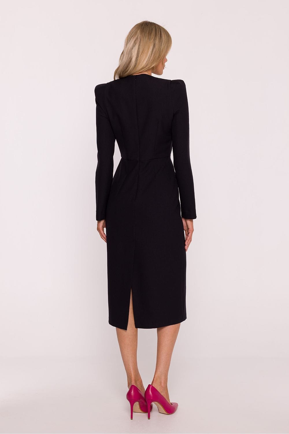 Robe noire midi chic manches longues dos fendu pour soirée élégante femme, coupe droite habillée