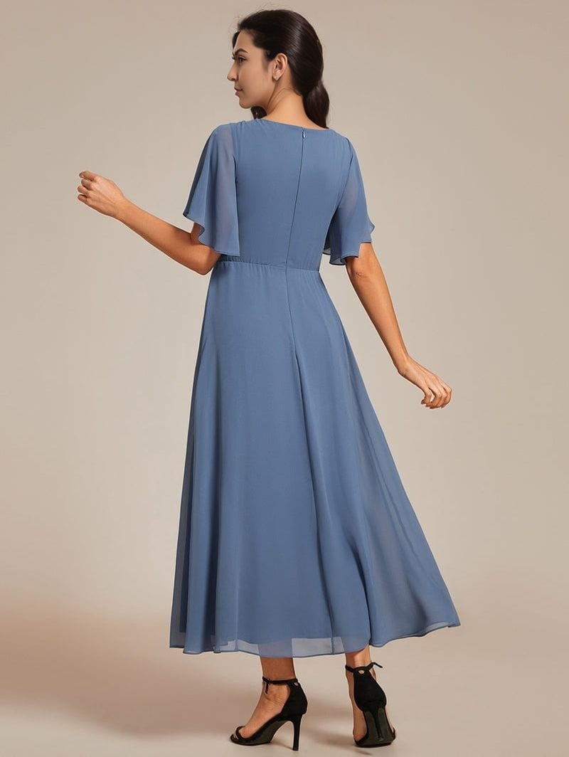 Robe de soirée chic longue bleue fluide femme manches courtes élégante invitée mariage été touché soyeux