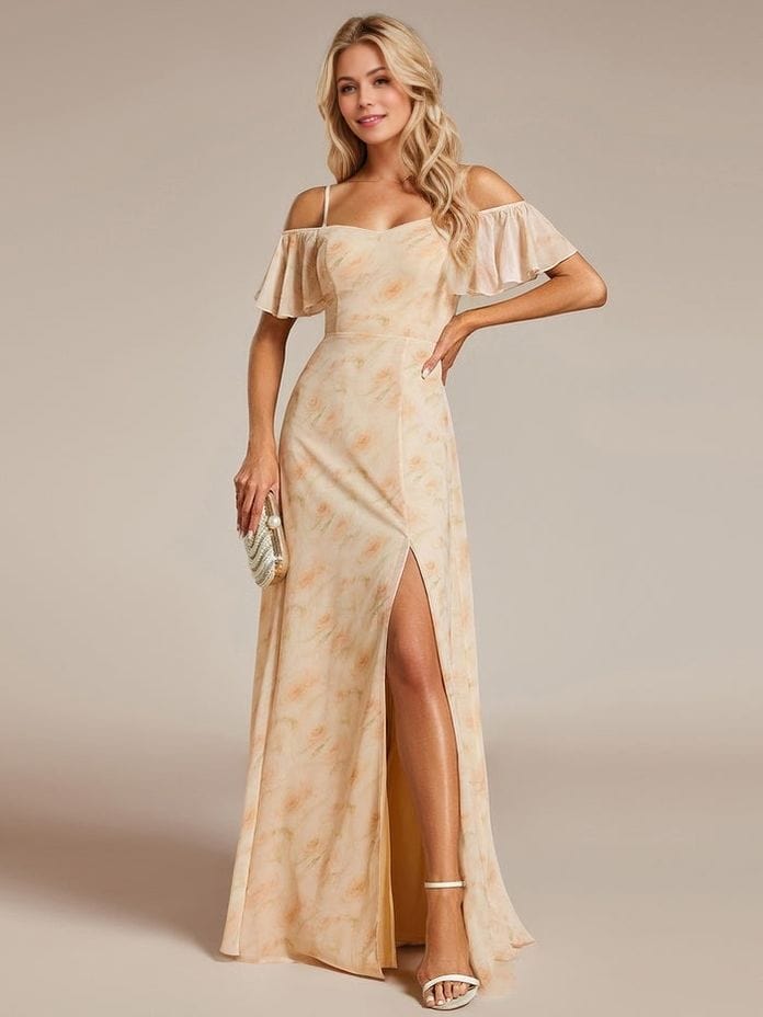 Robe longue été fendue trapèze fleurie épaules dénudées beige pour soirée mariage invité chic élégante