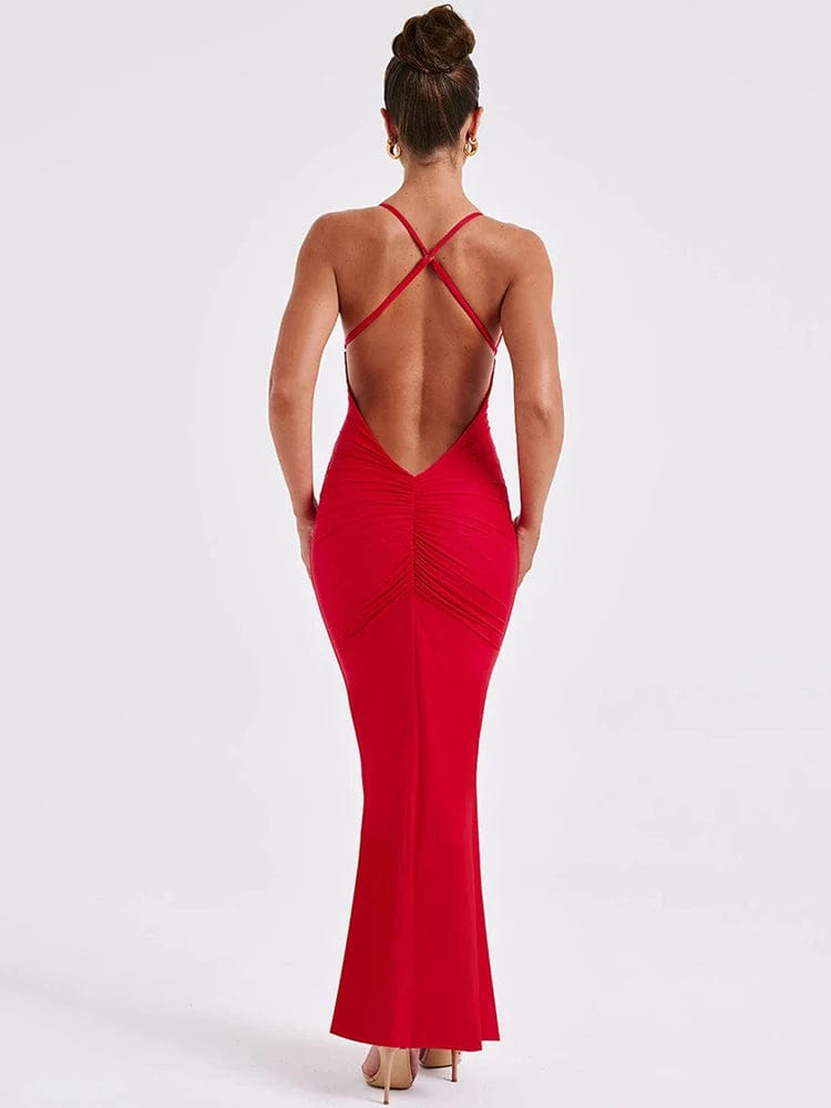 Robe rouge longue chic dos nu pour soirée, mariage ou cocktail, élégante avec manches longues et silhouette moulante.