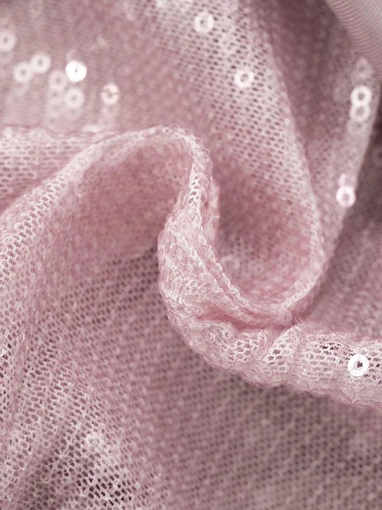 Robe de soirée paillette rose longue fluide femme en tissu léger et transparent pour mariage ou cocktail chic