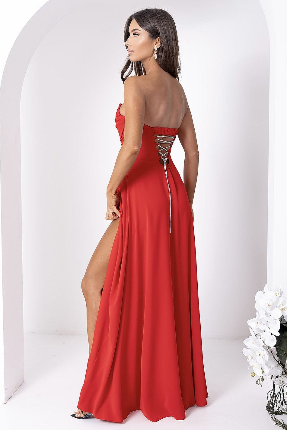 Robe de soirée fendue longue rouge dos nu chic bustier élégante pour évènement mariage ou gala